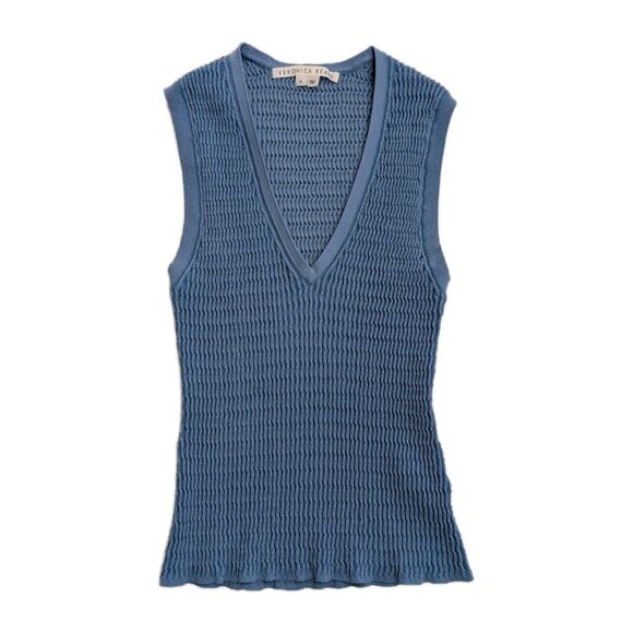 VERONICA BEARD Ribbed Knit Tank Top Sleeveless V-neck Pullover Blue Cerulean M - Picture 1 of 8